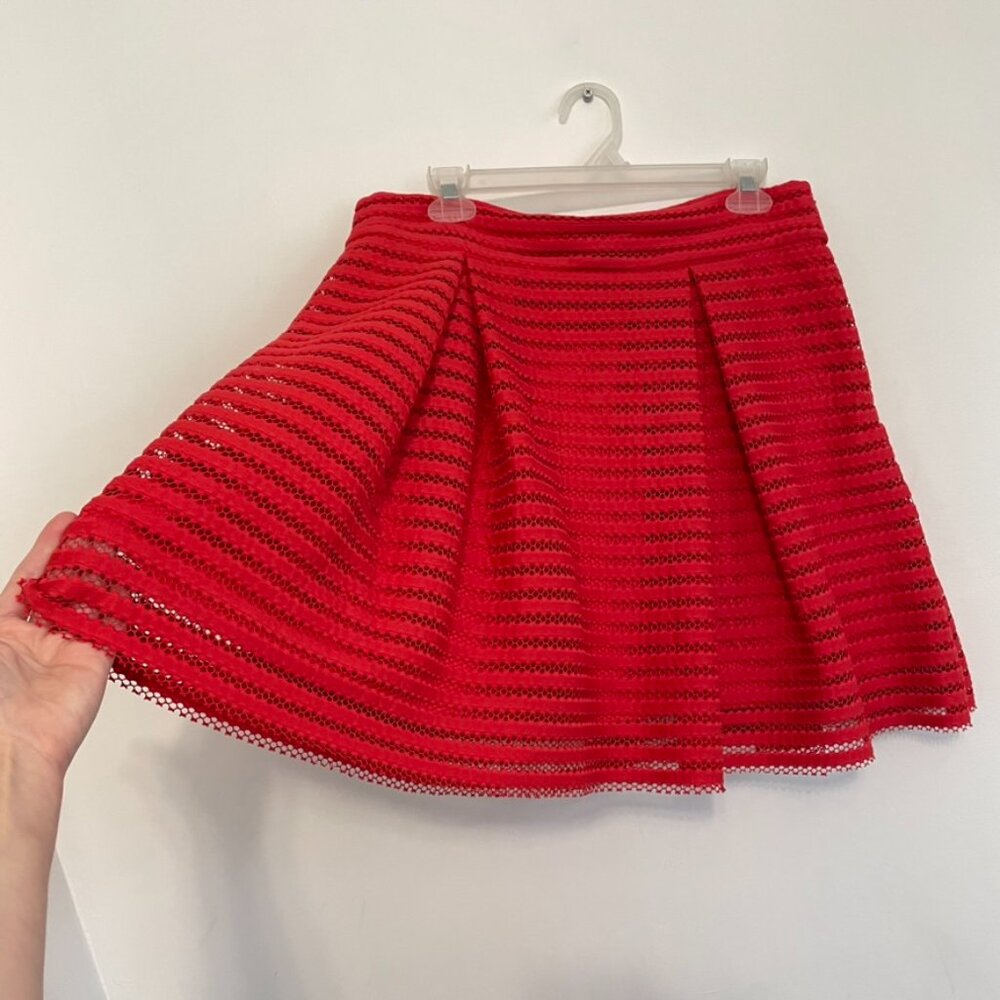 EXPRESS Mesh High Waisted Full Pleated Skirt Red Striped 2010s Mini A-Line Skirt - Picture 11 of 16